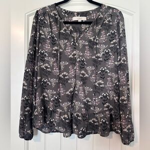LOFT Gray Long Sleeve Floral Blouse